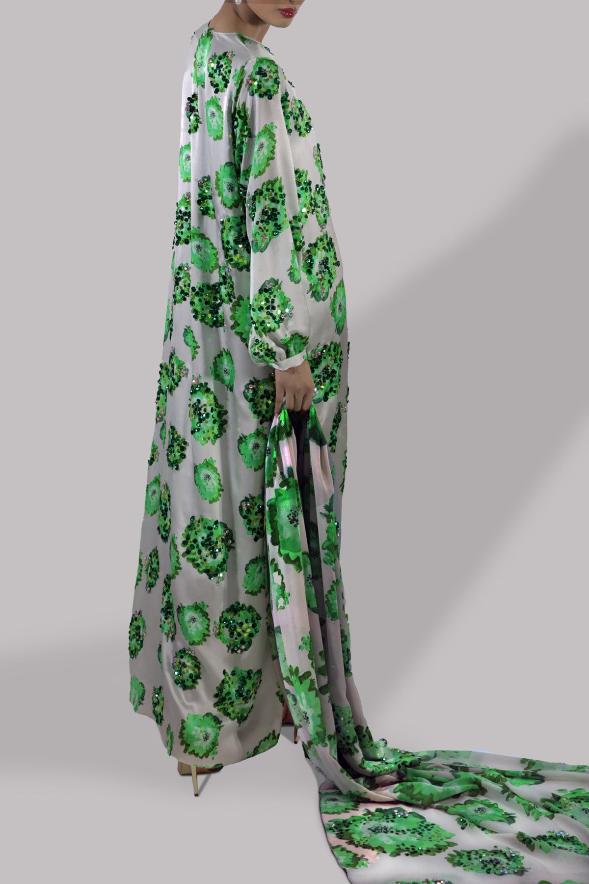 Jadeite and Green Digital Print Embellished Satin Silk Set