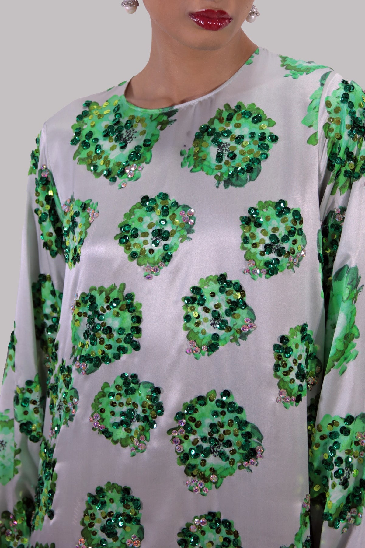 Jadeite and Green Digital Print Embellished Satin Silk Set