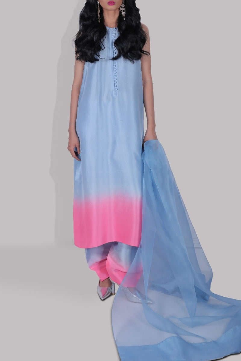 Blue Bell &amp; Pink Lemonade Ombre Raw Silk Tunic Set