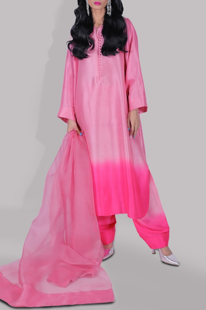 Sachet Pink &amp; Diva Pink Ombre Raw Silk Tunic Set