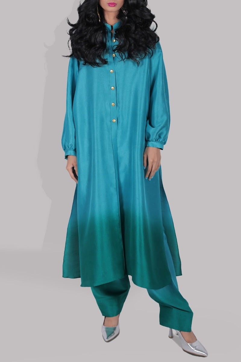 Viridian Green &amp; Emerald Green Ombre Raw Silk Tunic Set