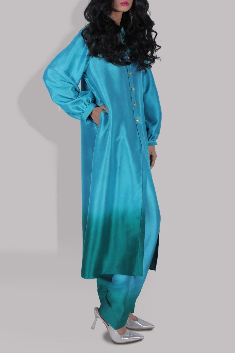 Viridian Green &amp; Emerald Green Ombre Raw Silk Tunic Set