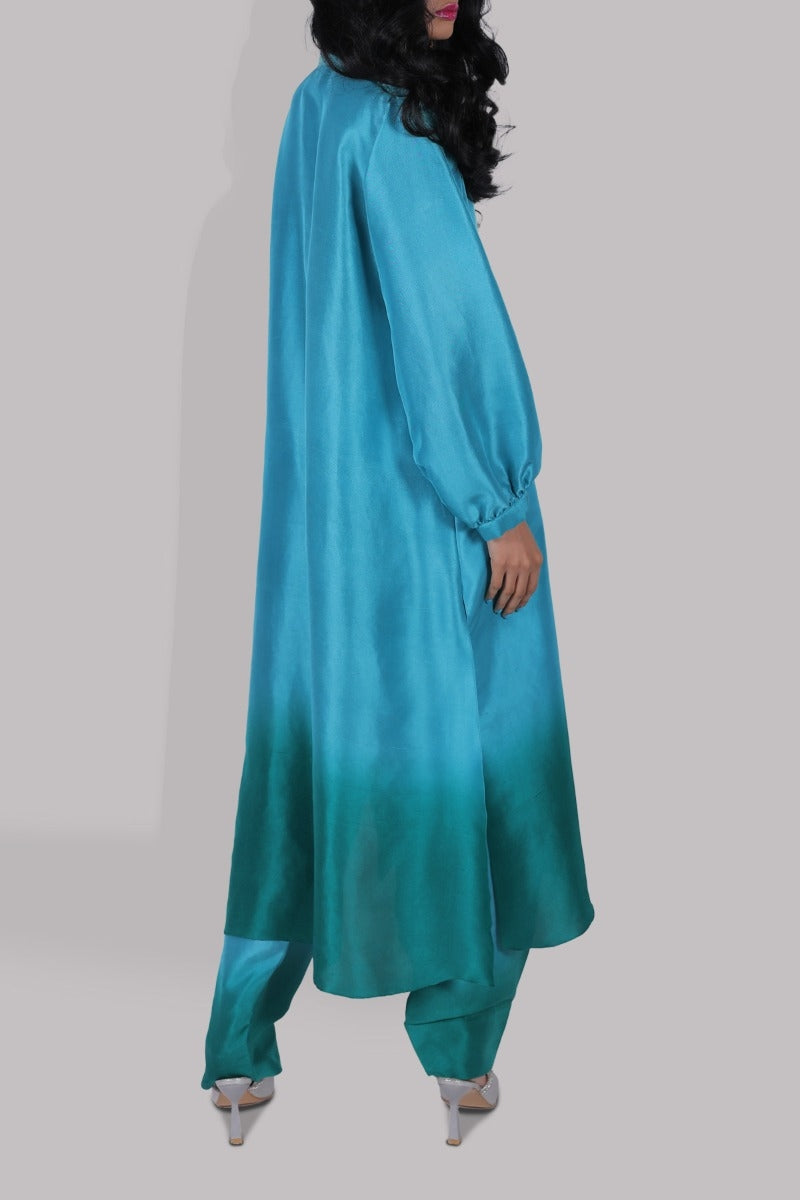 Viridian Green &amp; Emerald Green Ombre Raw Silk Tunic Set
