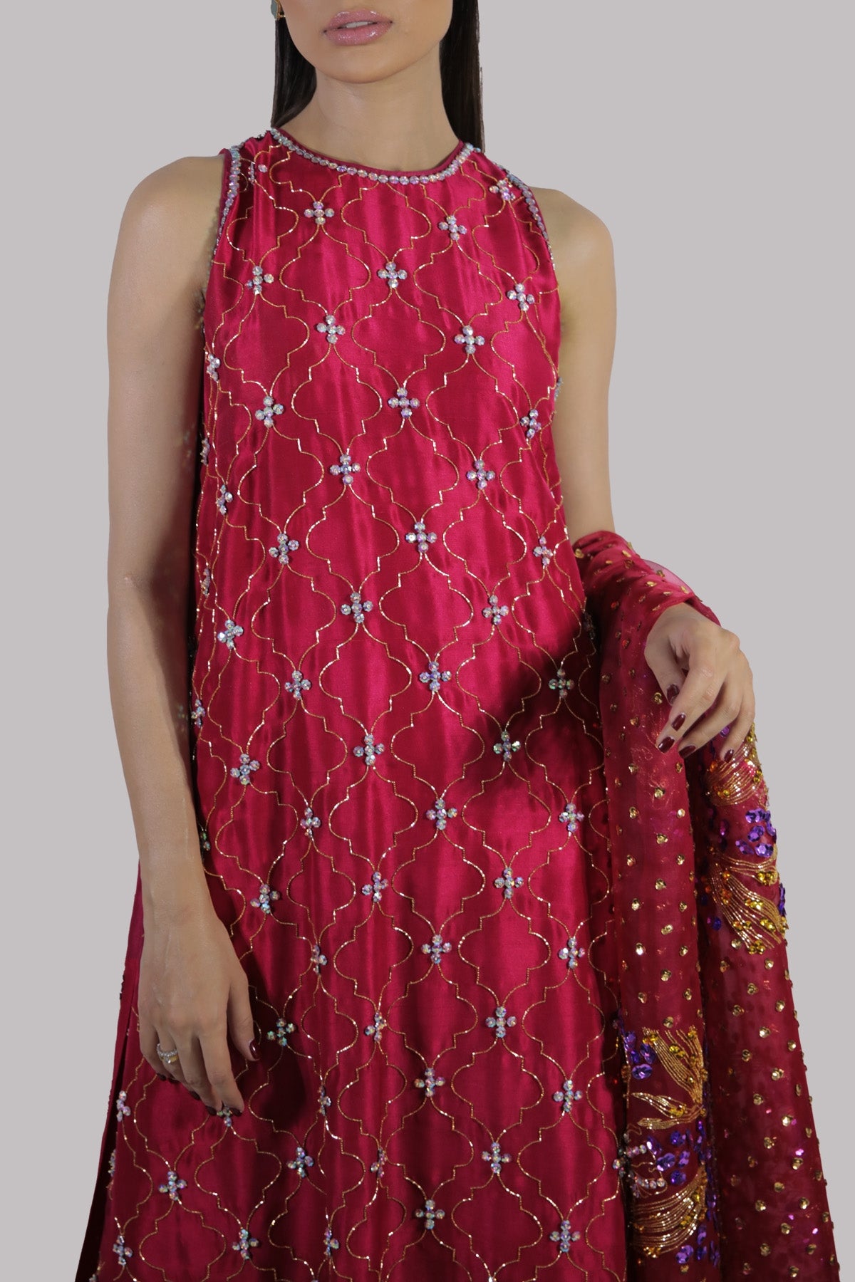 Tango Red Embellished Raw Silk Set
