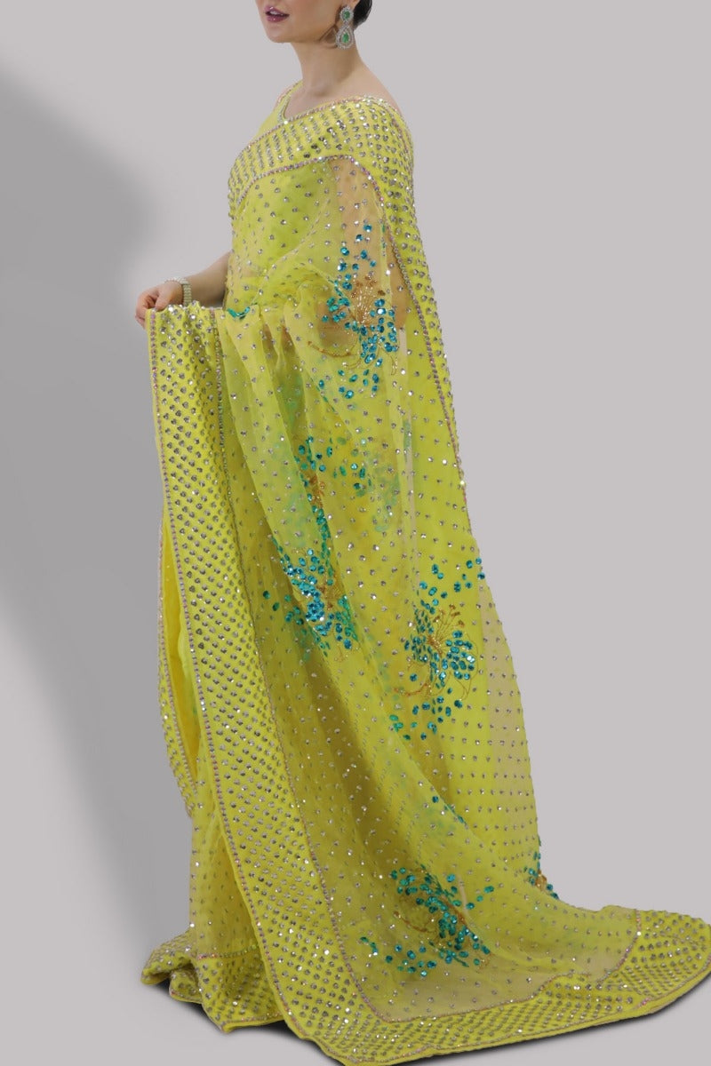 Verbena Yellow Embellished Organza Sari