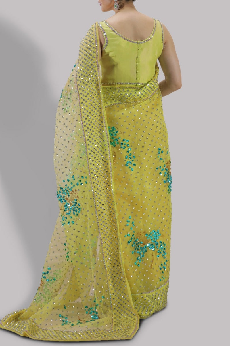 Verbena Yellow Embellished Organza Sari