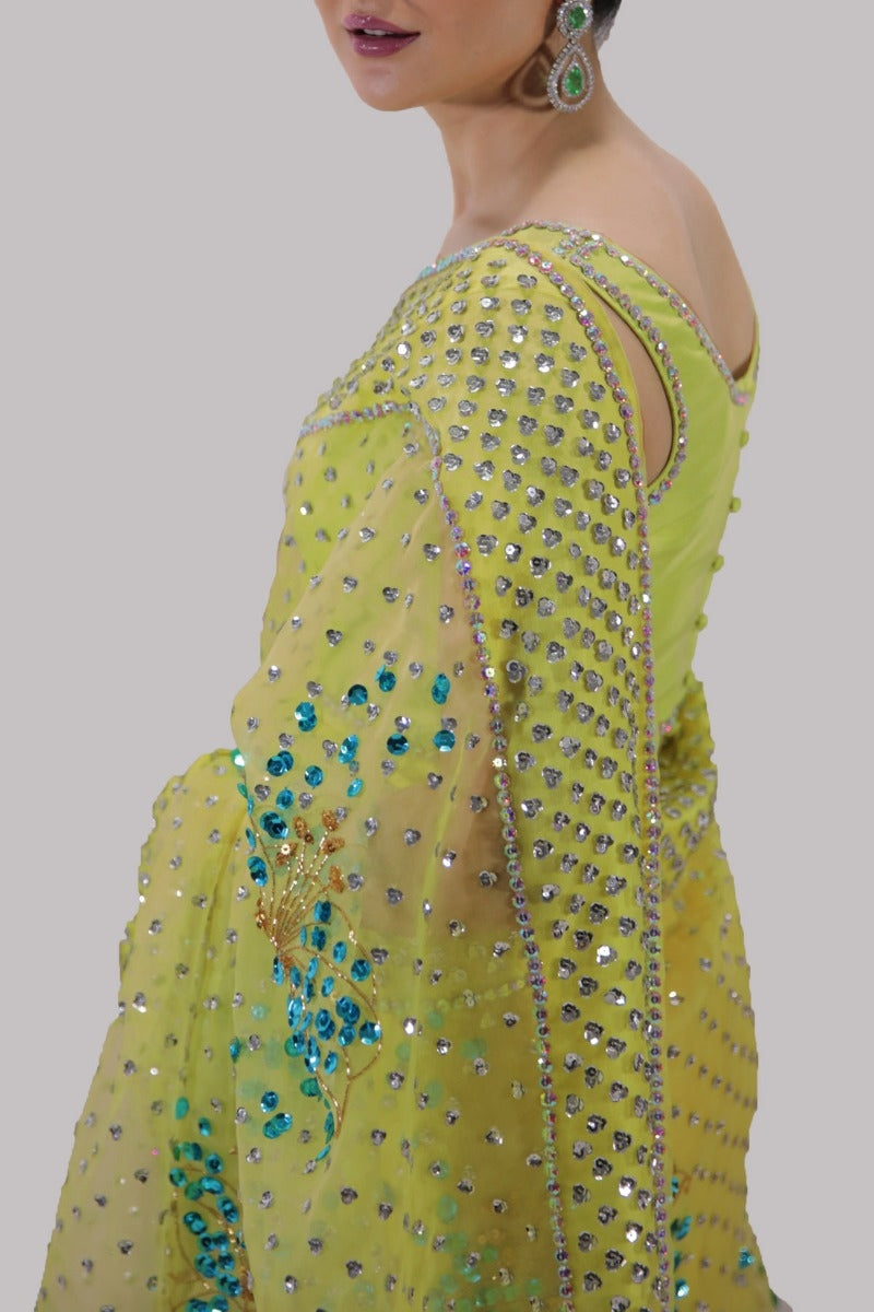 Verbena Yellow Embellished Organza Sari