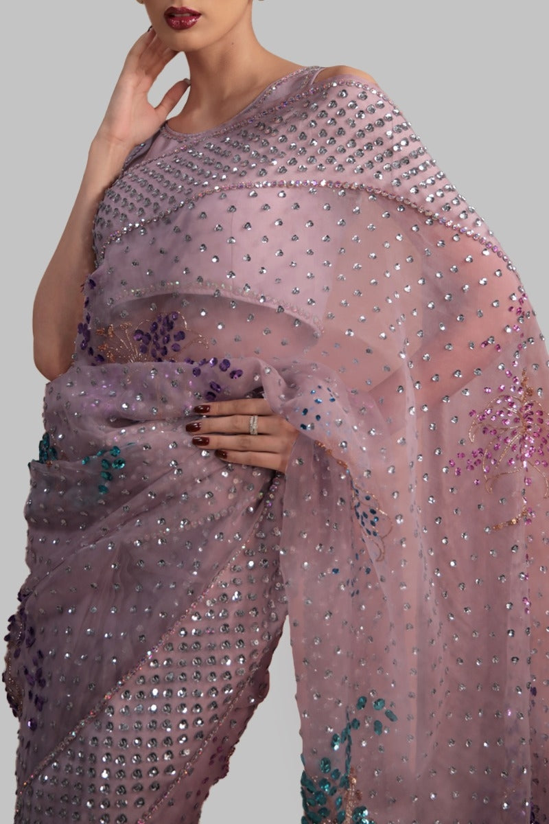 Silver Pink Embellished Organza Sari