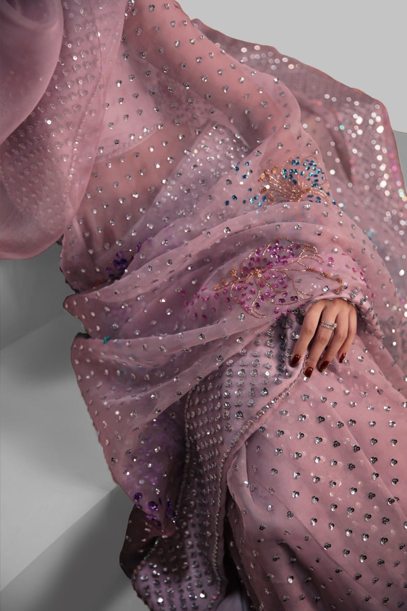 Silver Pink Embellished Organza Sari