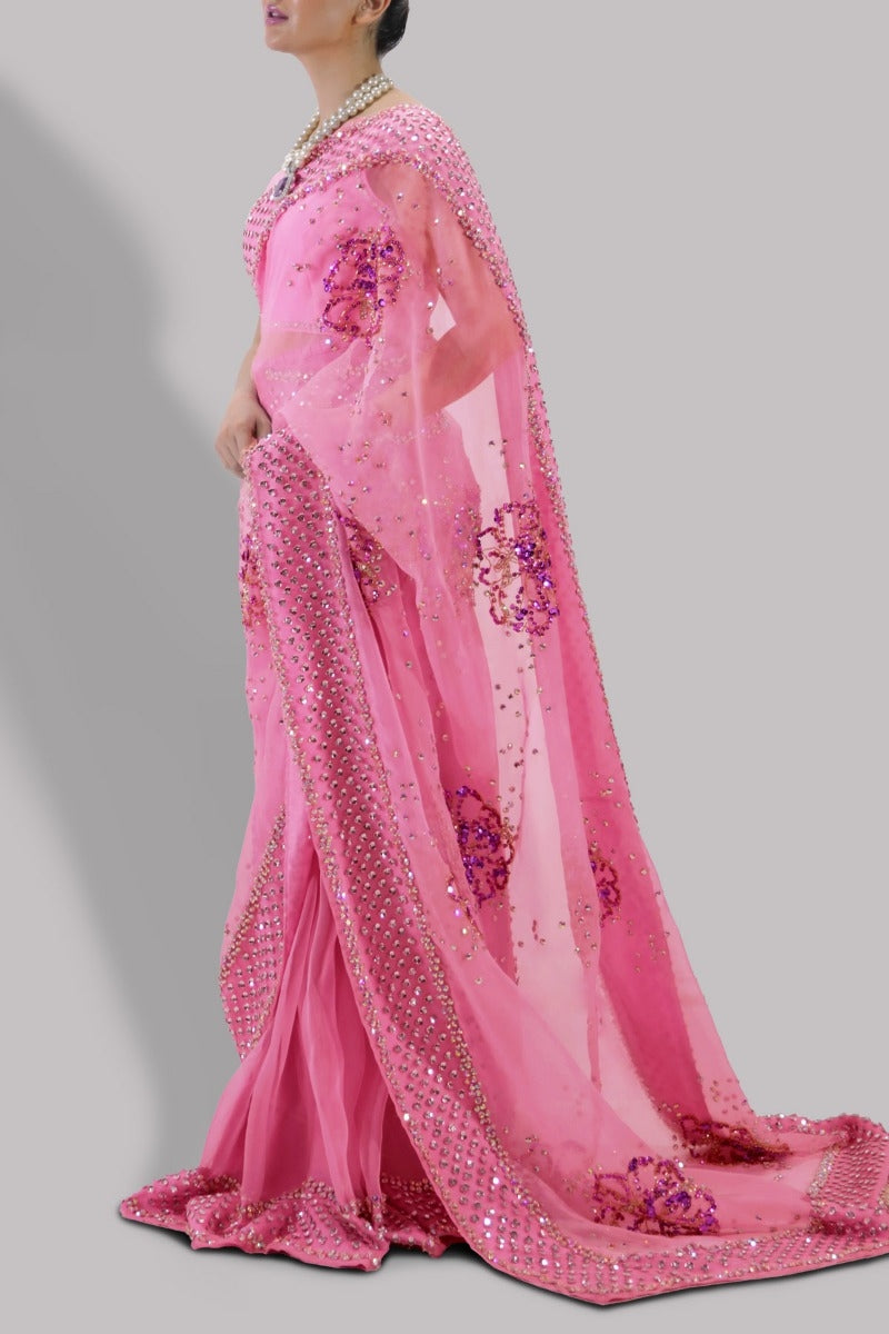 Sachet Pink Embellished Organza Sari