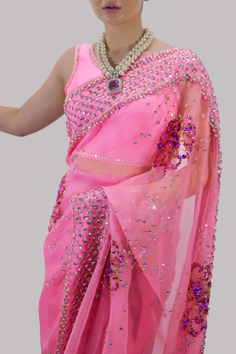 Sachet Pink Embellished Organza Sari
