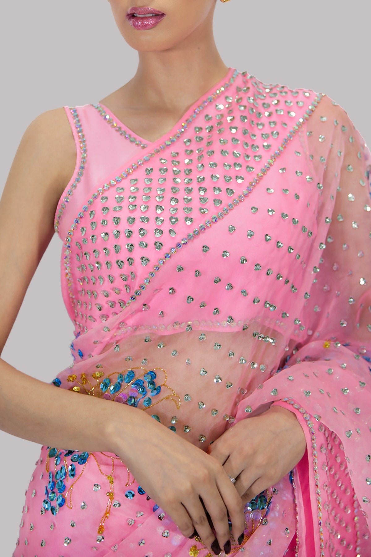 Candy Pink Embellished Organza Sari