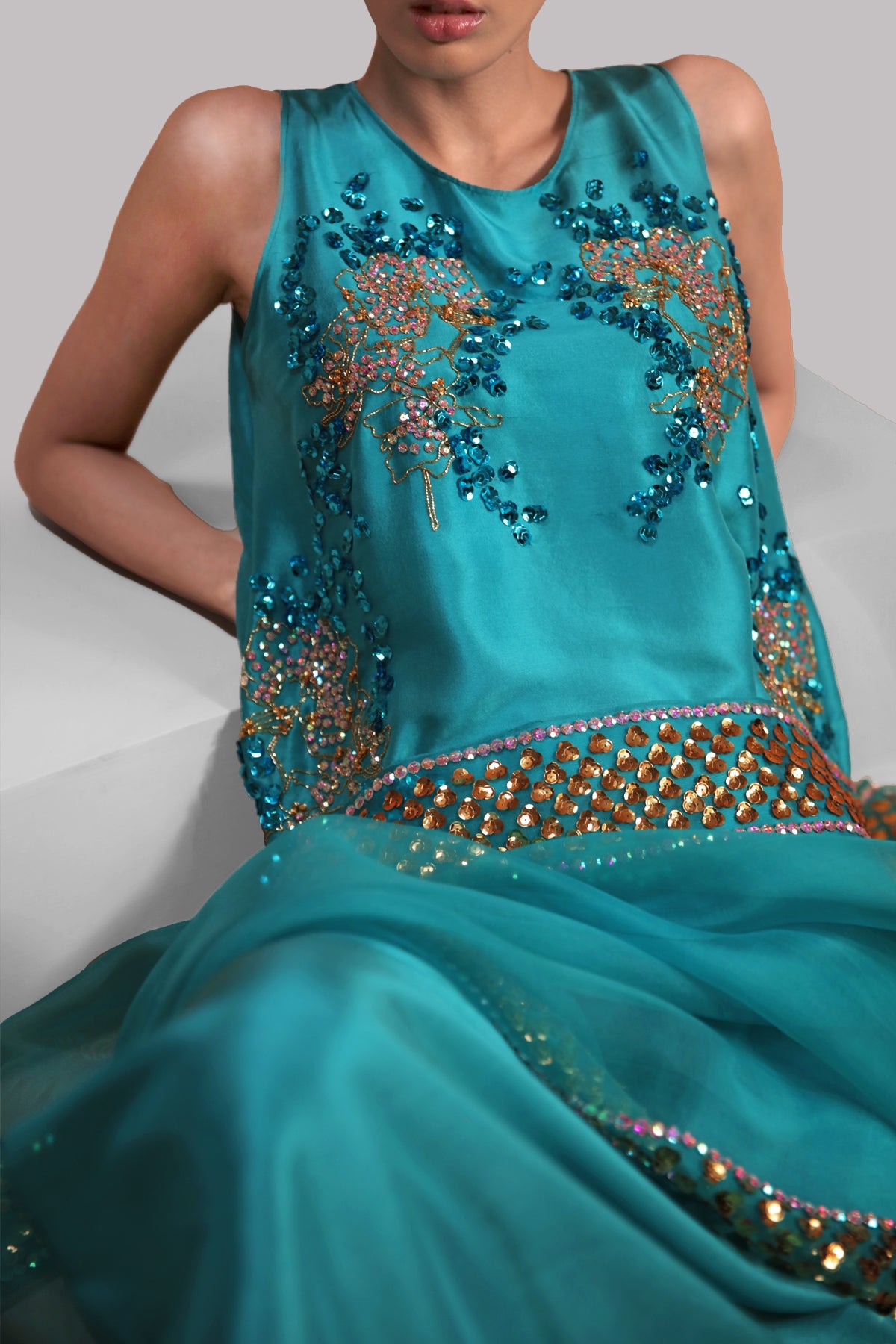 Viridian Green Embellished Raw Silk Set
