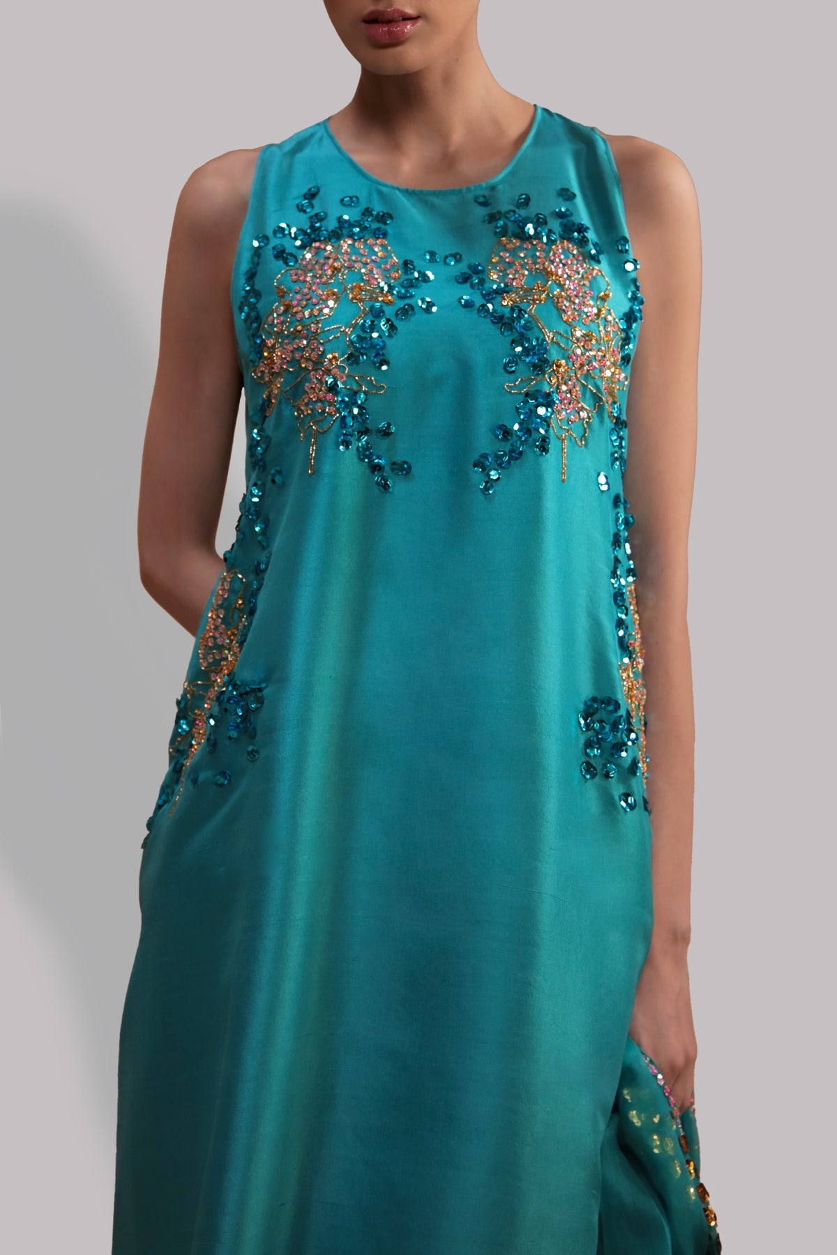 Viridian Green Embellished Raw Silk Set
