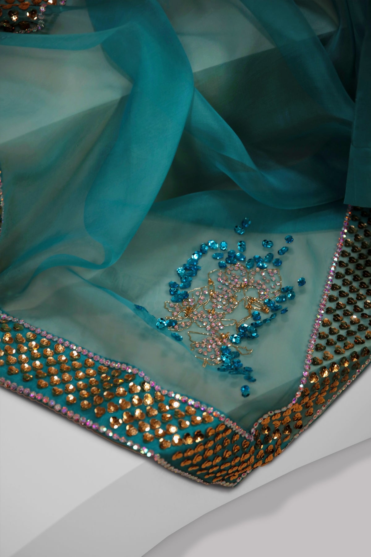 Viridian Green Embellished Raw Silk Set