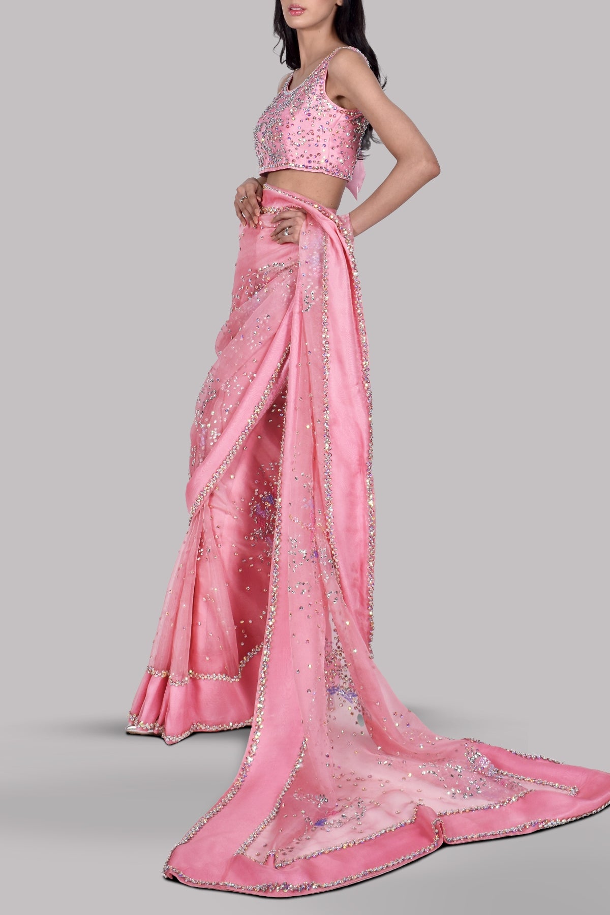 Tickled Pink Embellished Organza Sari