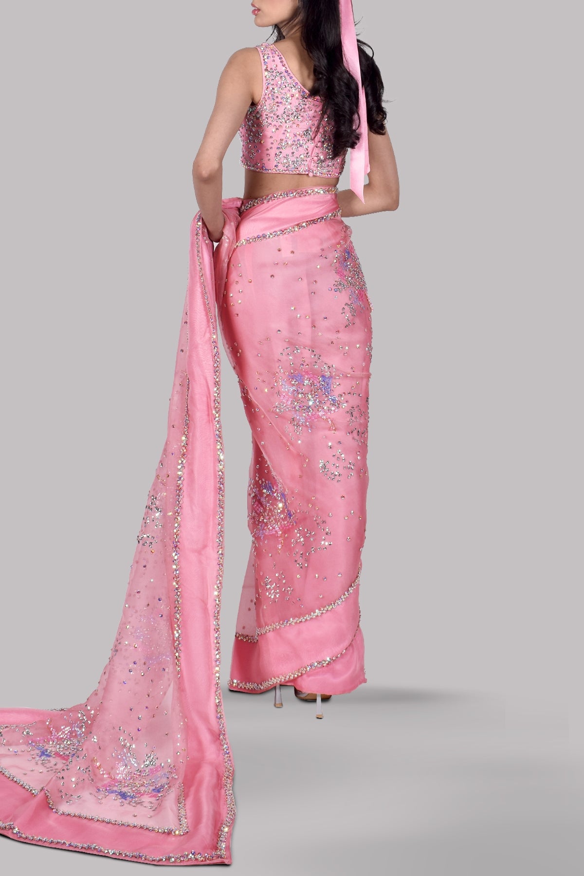 Tickled Pink Embellished Organza Sari