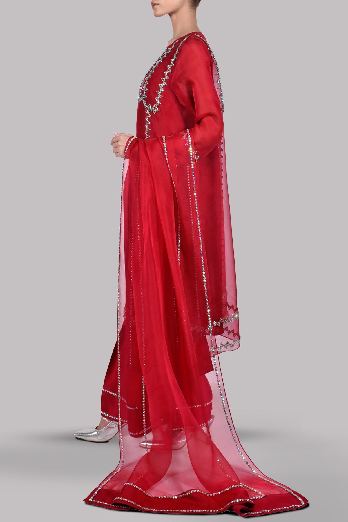 Tango Red Embellished Organza Set
