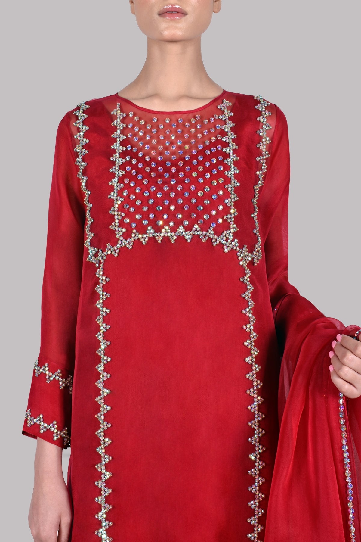 Tango Red Embellished Organza Set