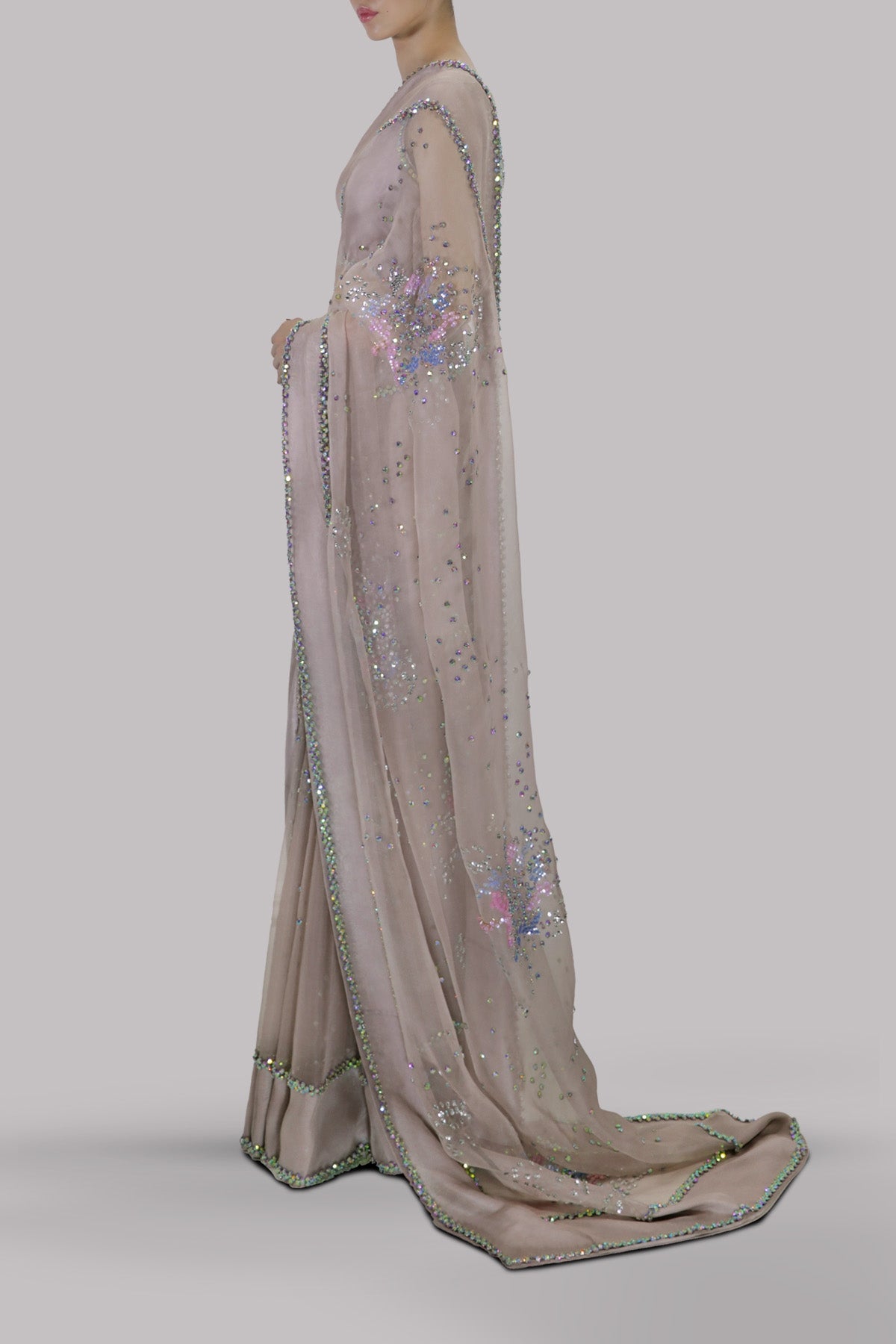 Silver Gray Embellished Organza Sari