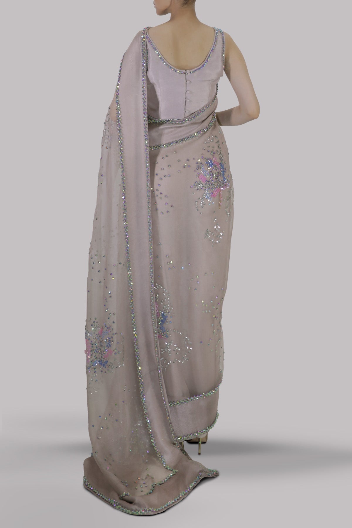Silver Gray Embellished Organza Sari