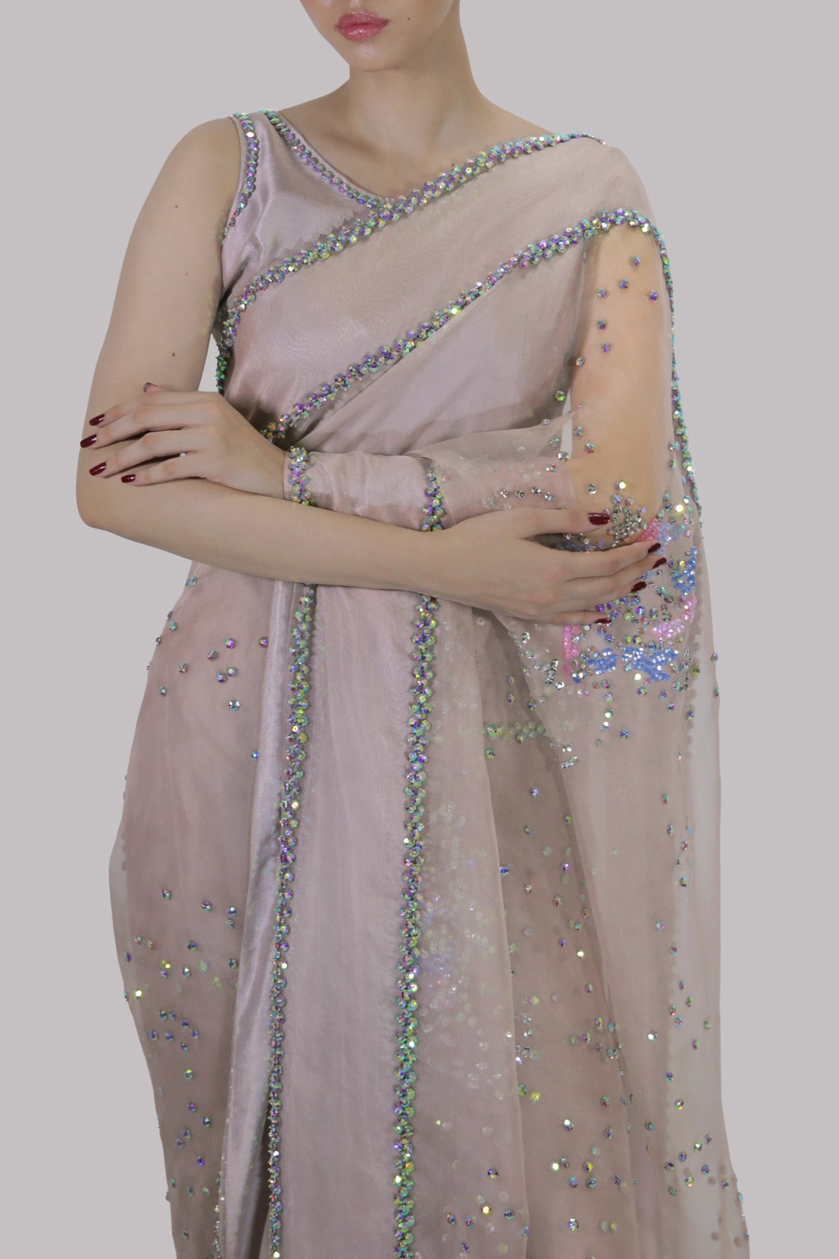 Silver Gray Embellished Organza Sari