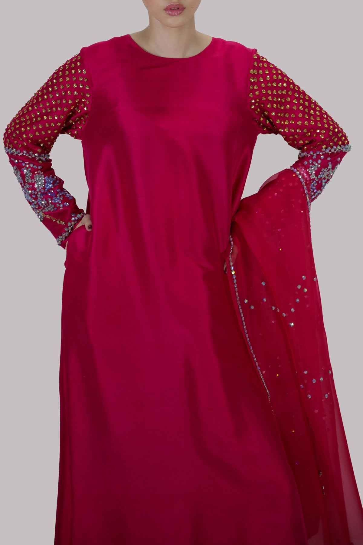 Crimson Embellished Raw Silk Maxi Set