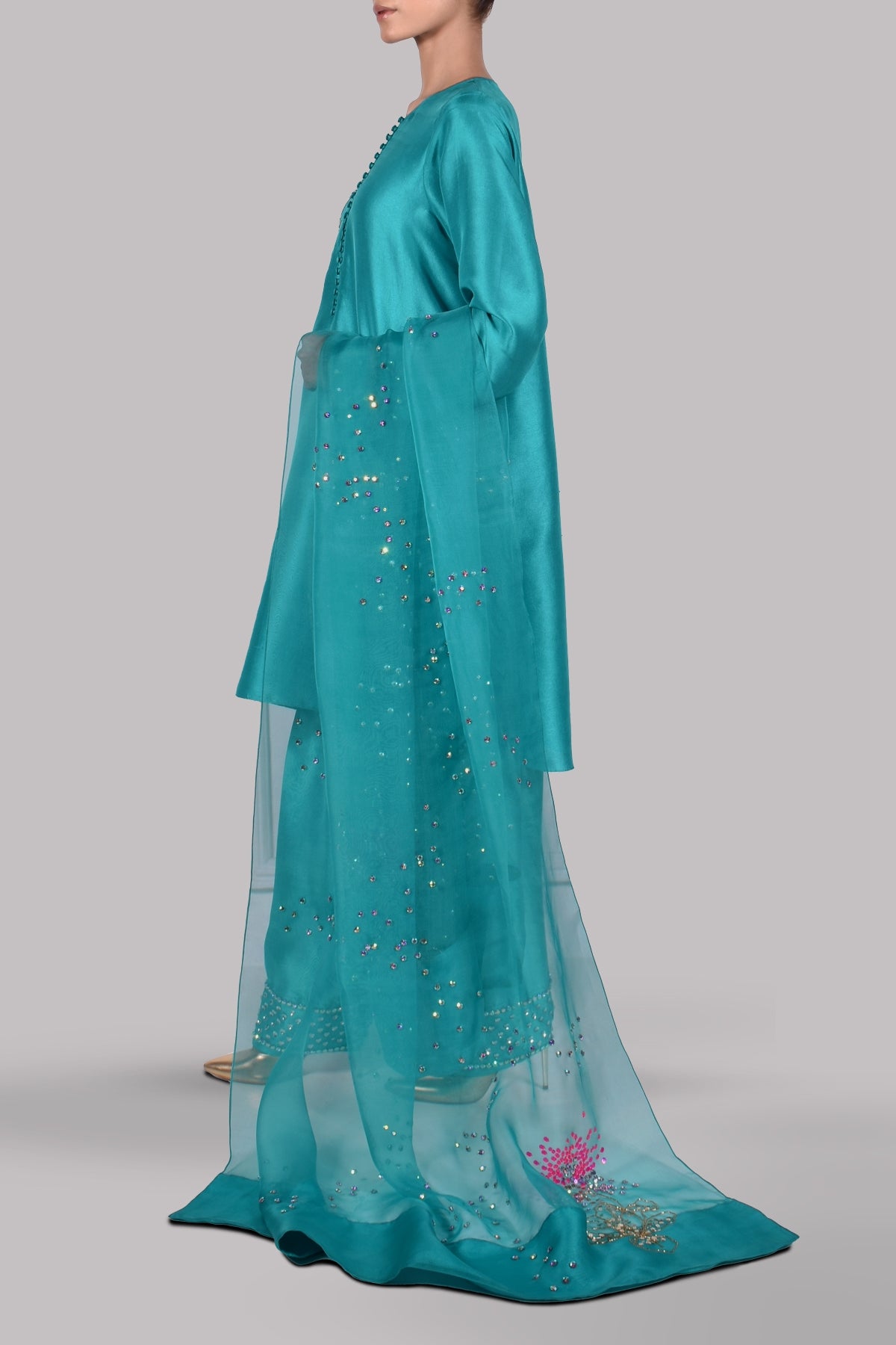 Viridian Green Embellished Raw Silk Set