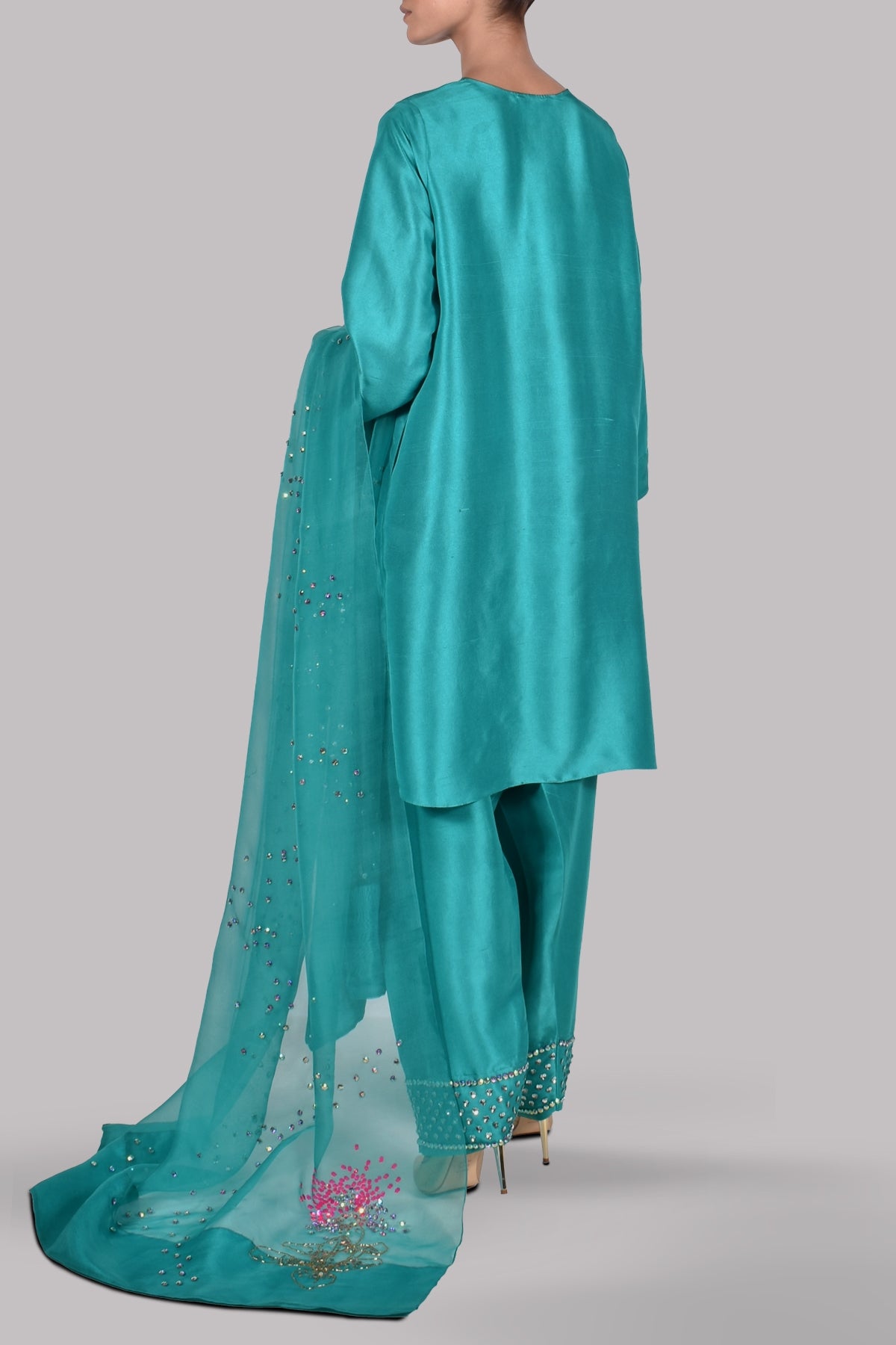 Viridian Green Embellished Raw Silk Set