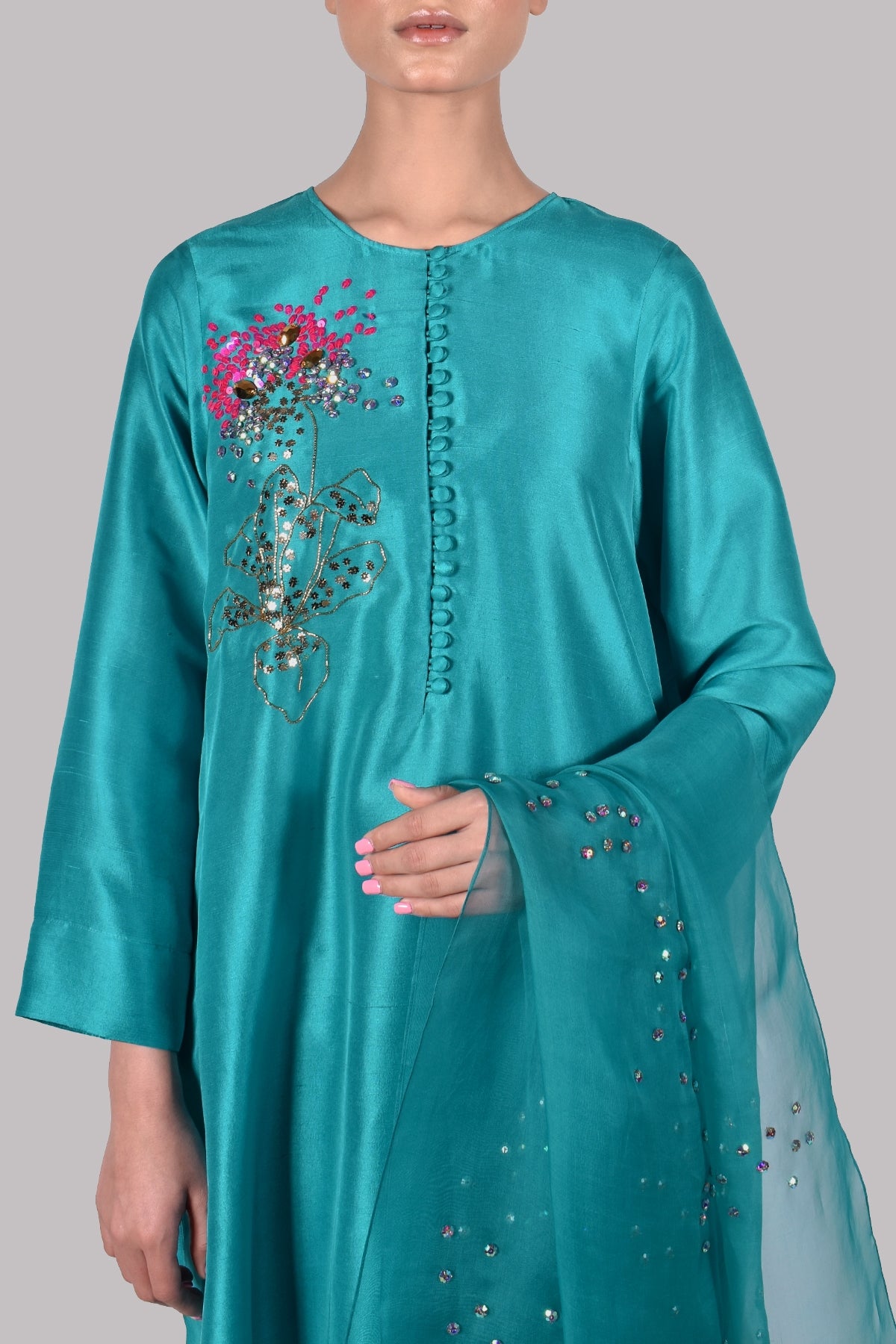 Viridian Green Embellished Raw Silk Set