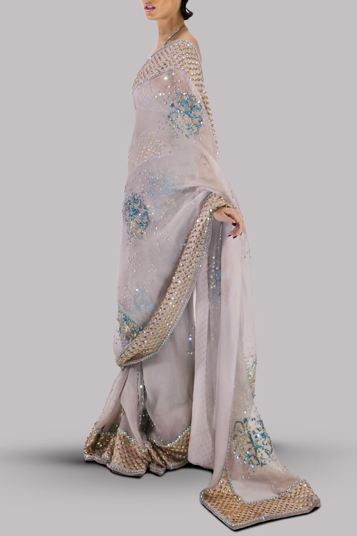 Silver Gray Embellished Organza Sari