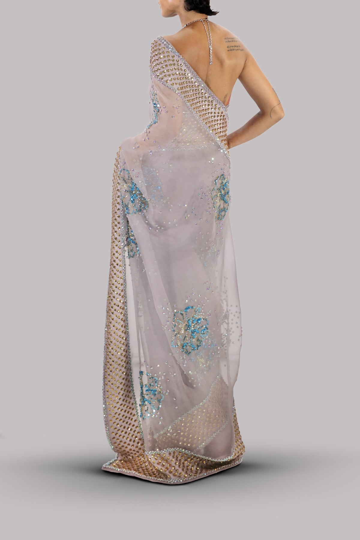 Silver Gray Embellished Organza Sari