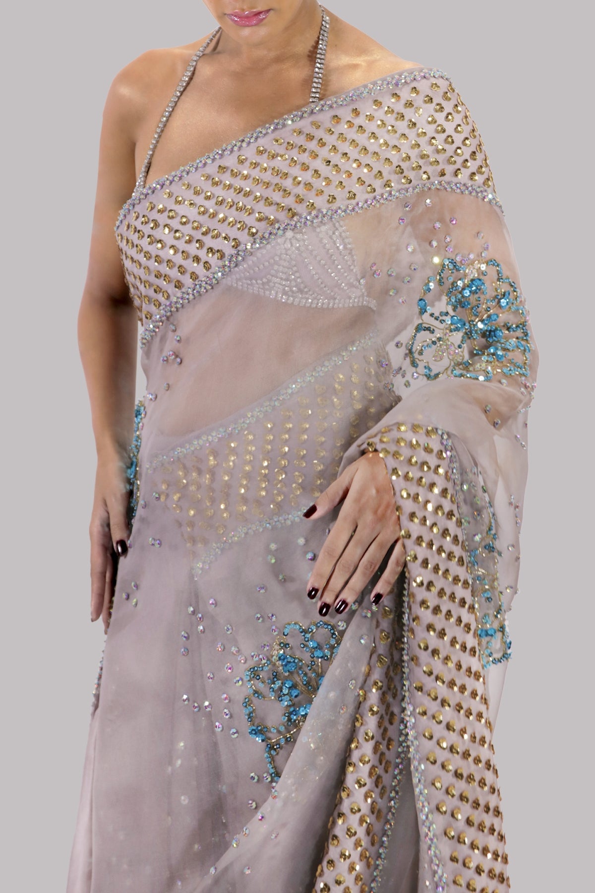 Silver Gray Embellished Organza Sari