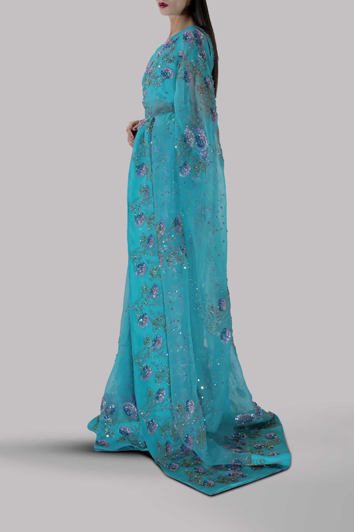 Scuba Blue Embellished Organza Sari