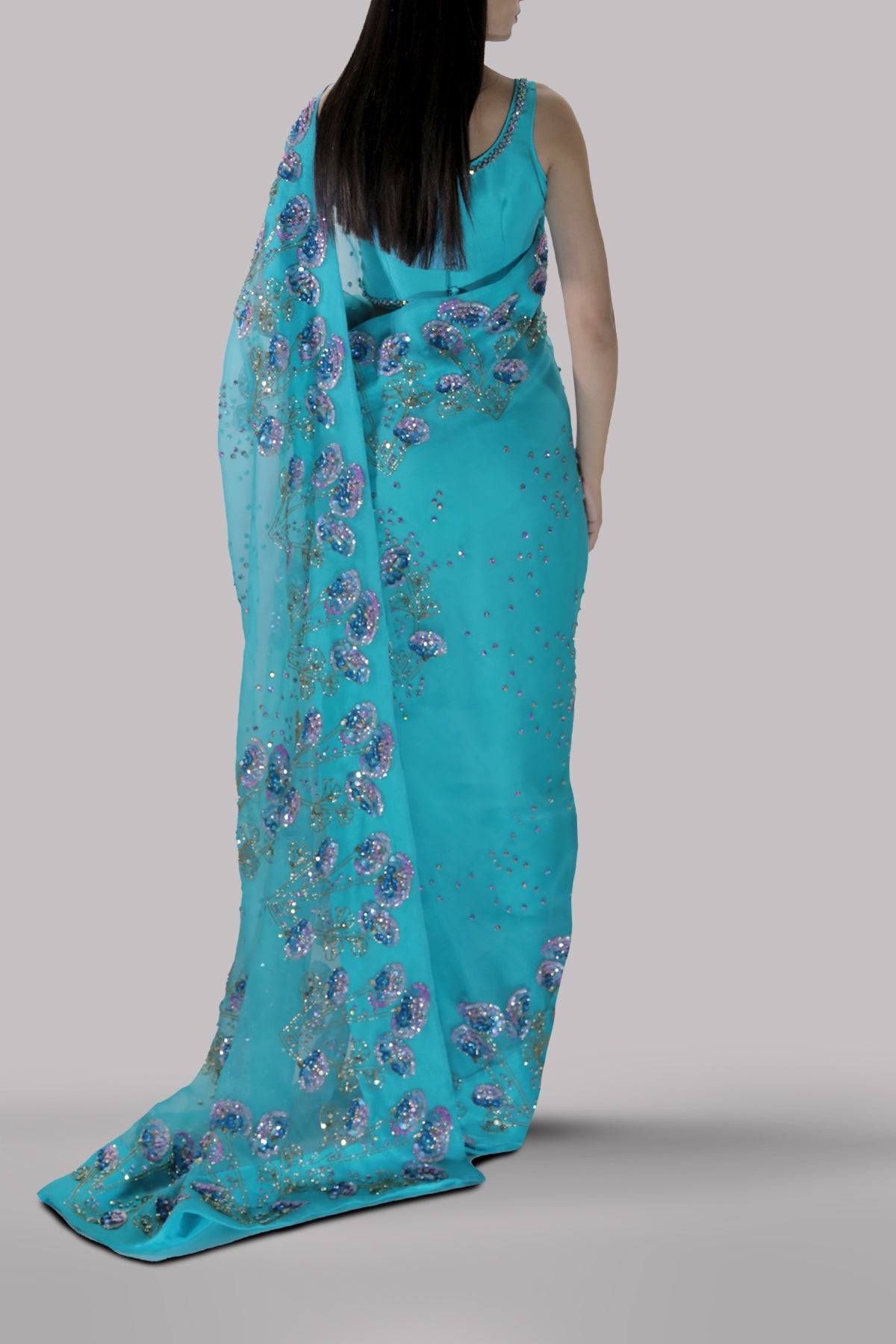 Scuba Blue Embellished Organza Sari