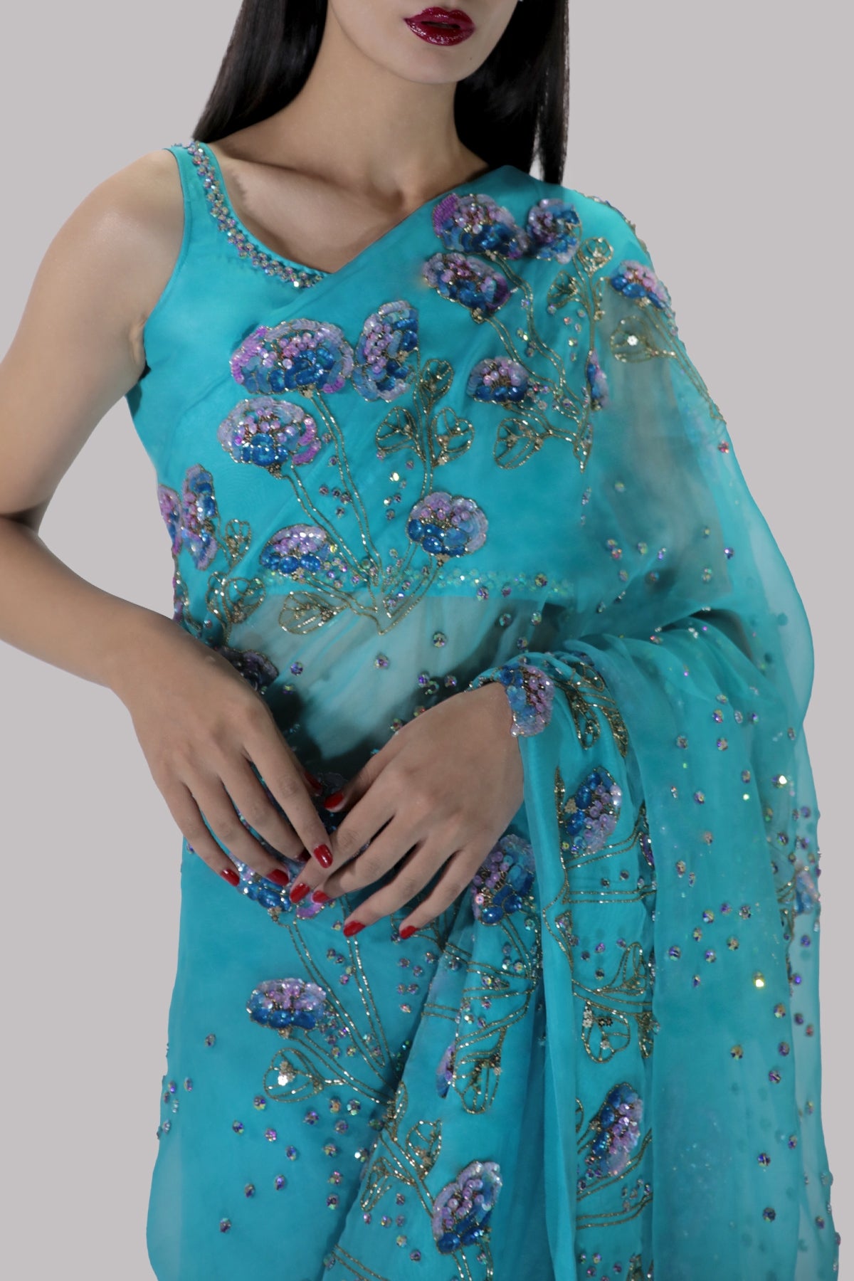 Scuba Blue Embellished Organza Sari