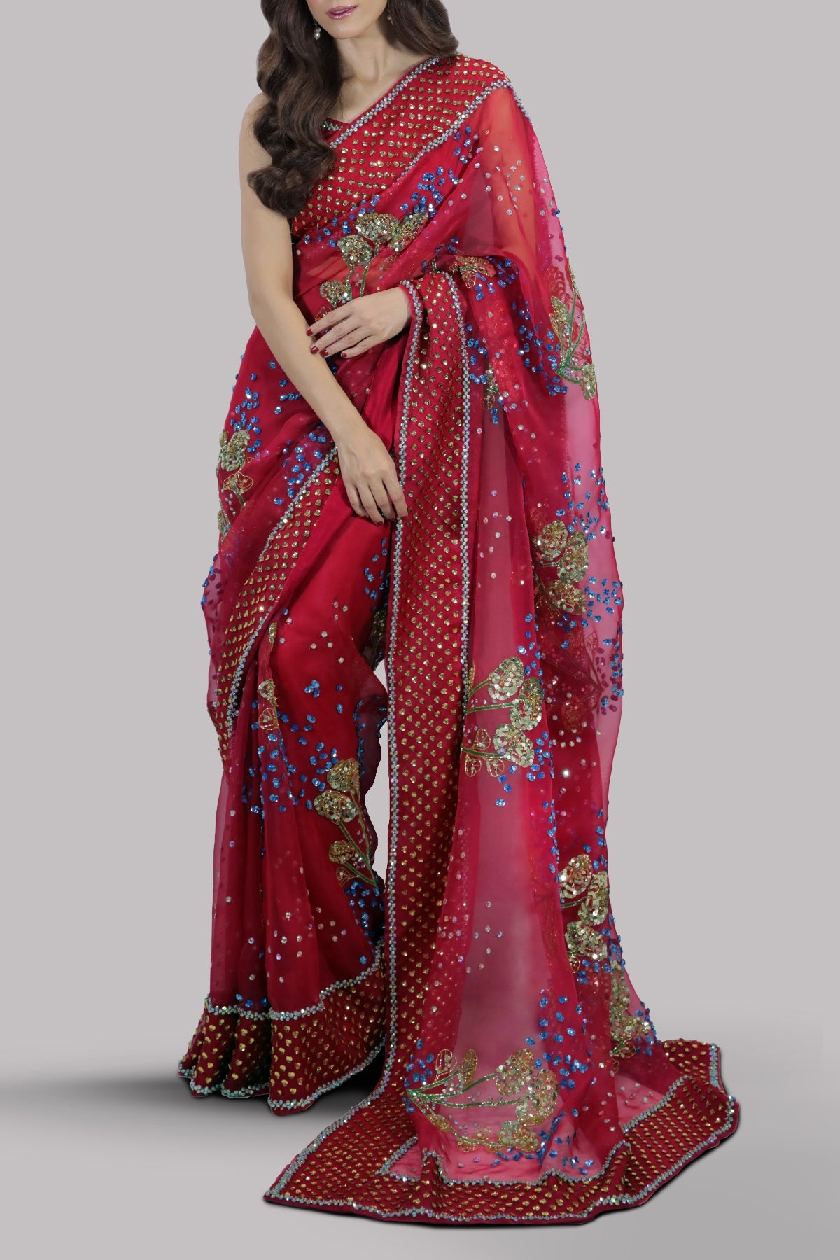 Tango Red Embellished Organza Sari