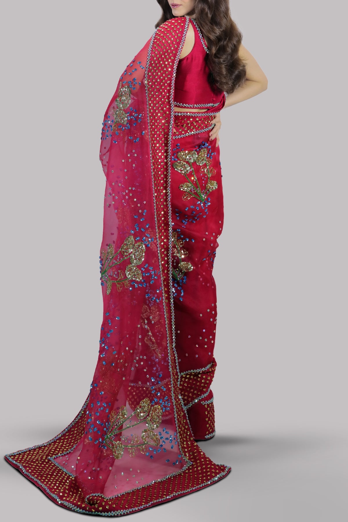 Tango Red Embellished Organza Sari