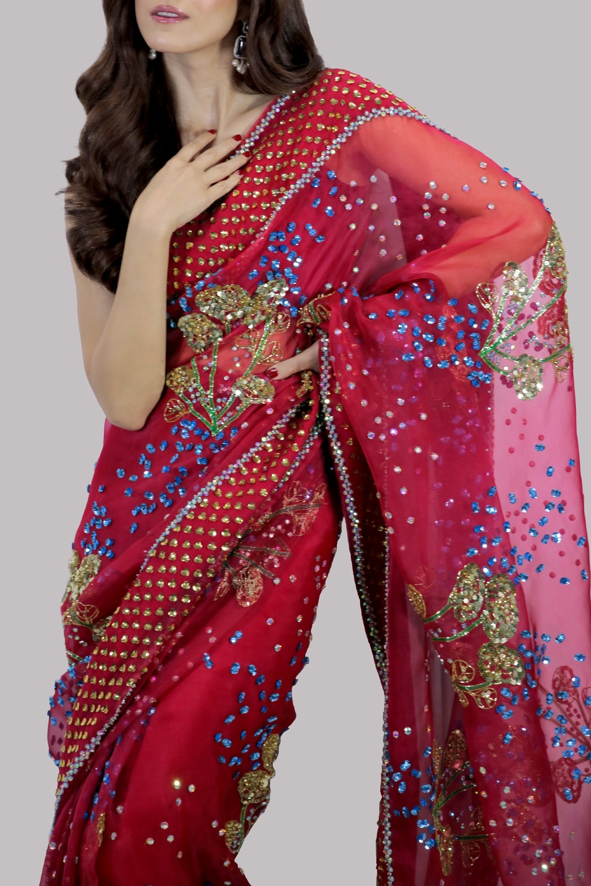 Tango Red Embellished Organza Sari