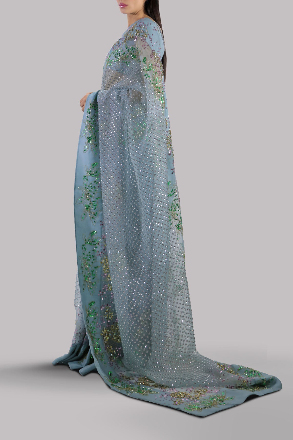 Porcelain Blue Embellished Organza Sari