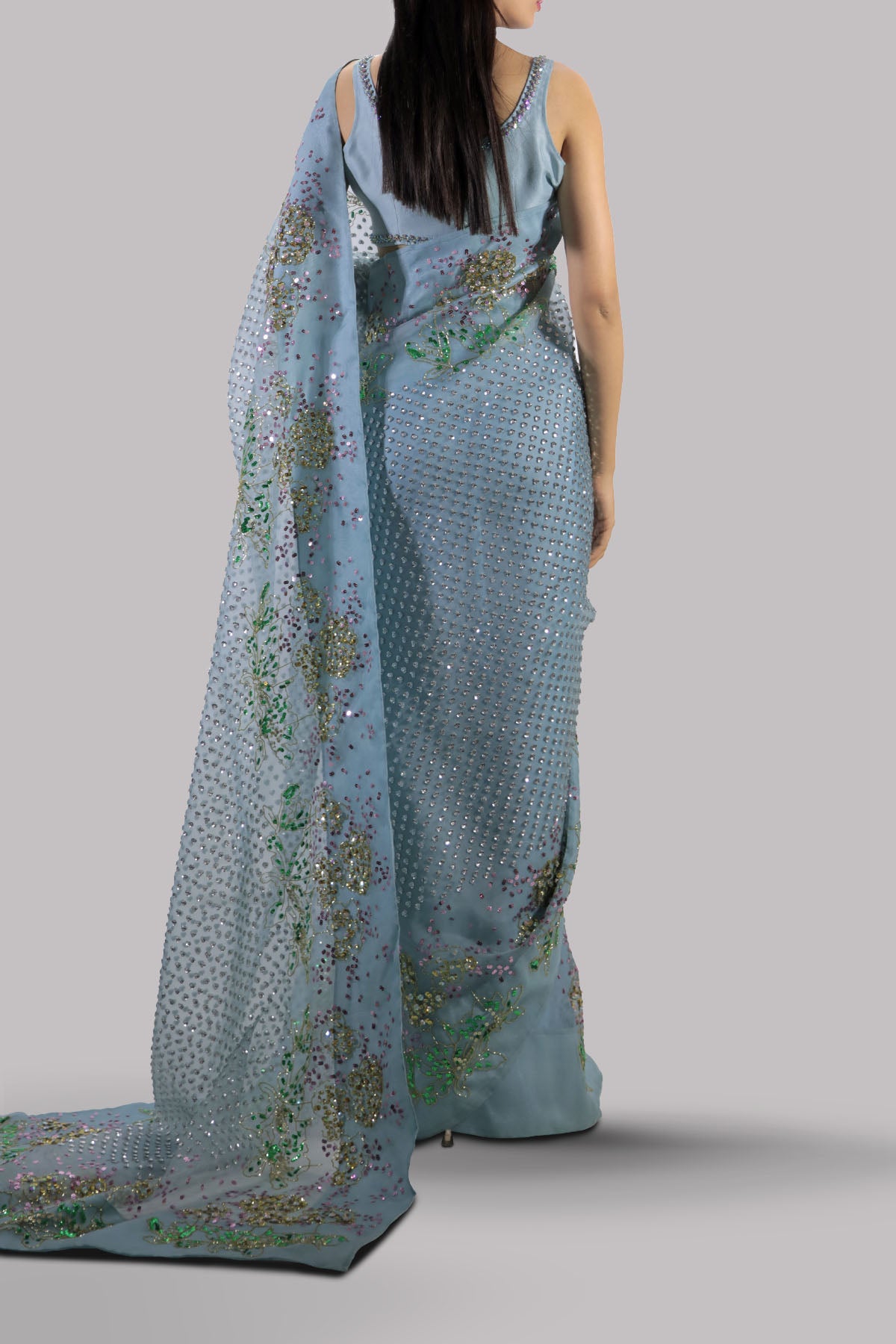 Porcelain Blue Embellished Organza Sari