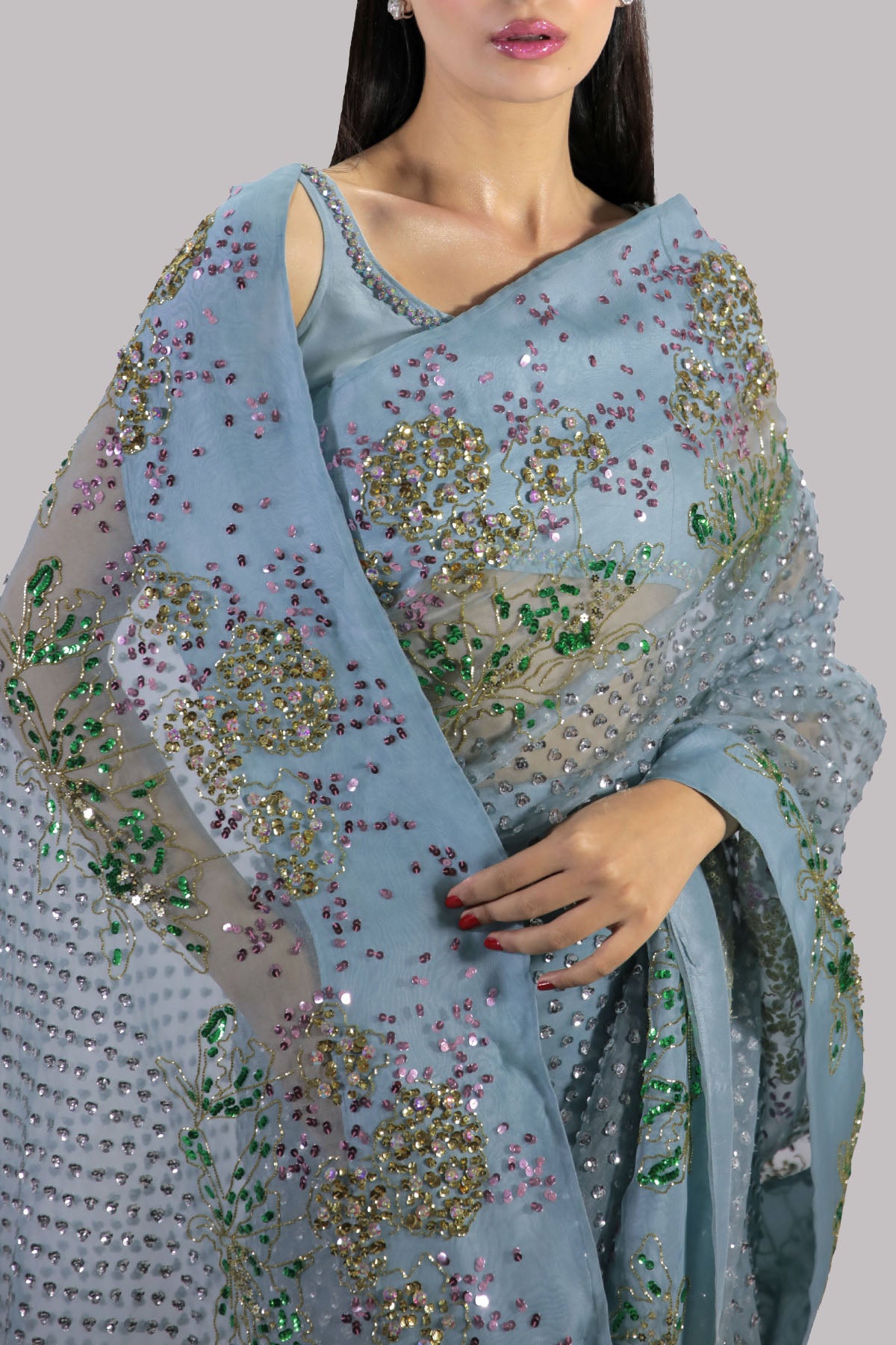 Porcelain Blue Embellished Organza Sari