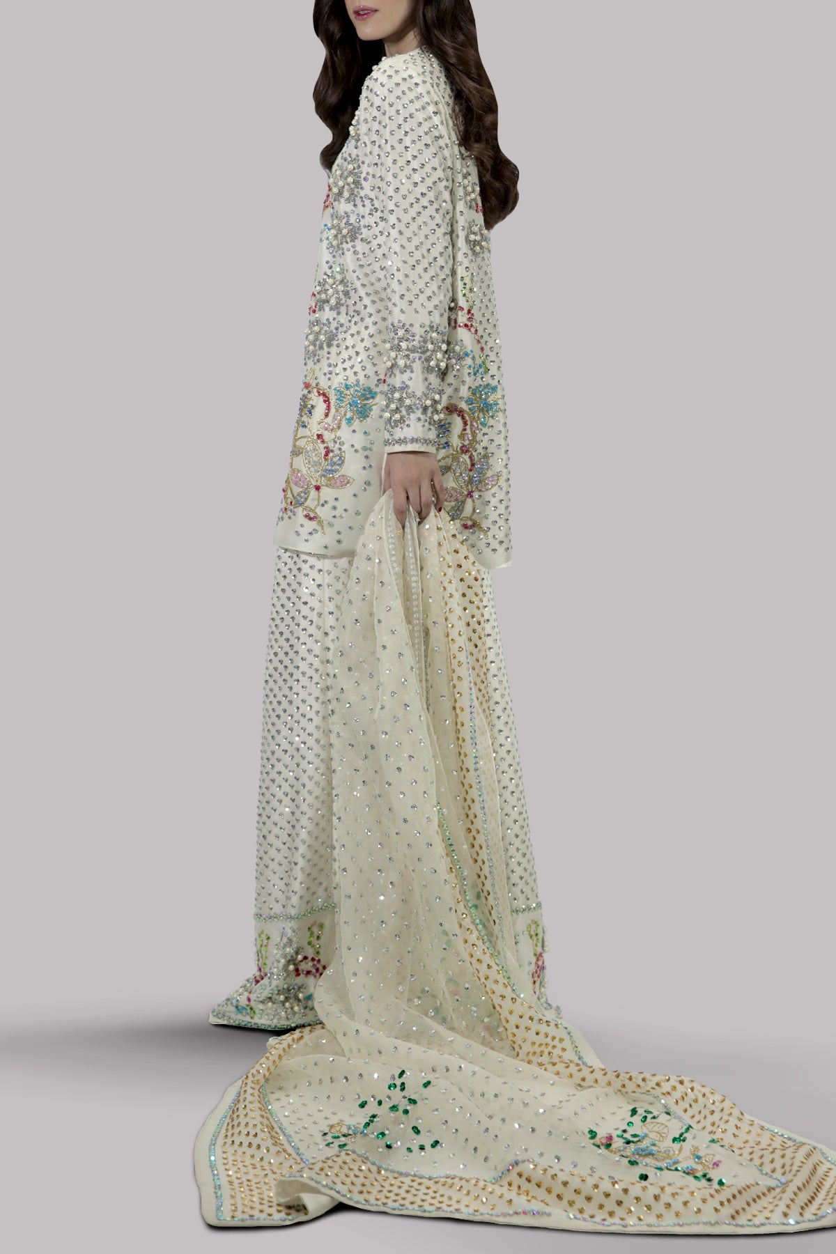 Egret Embellished Raw Silk Set