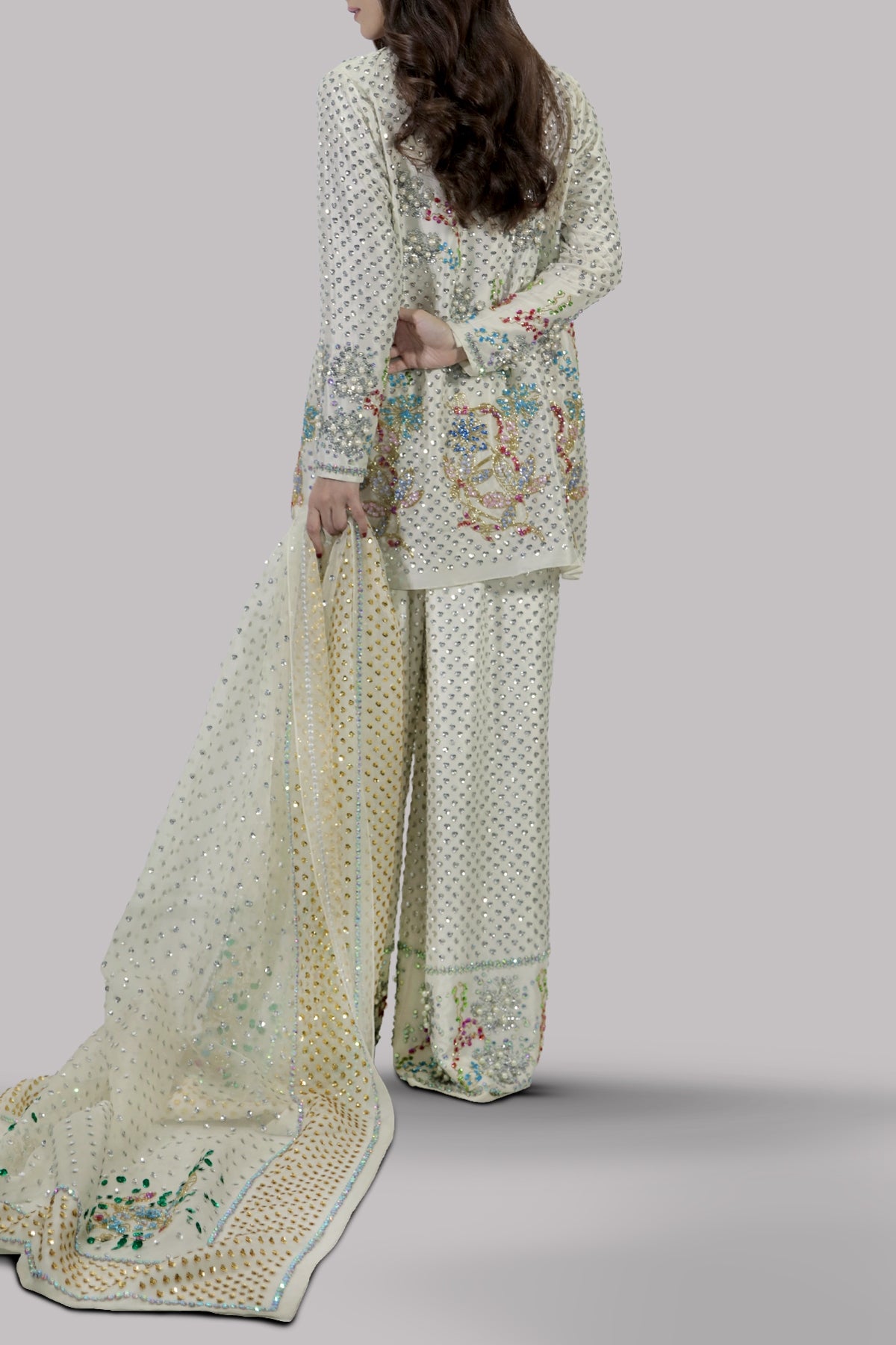 Egret Embellished Raw Silk Set