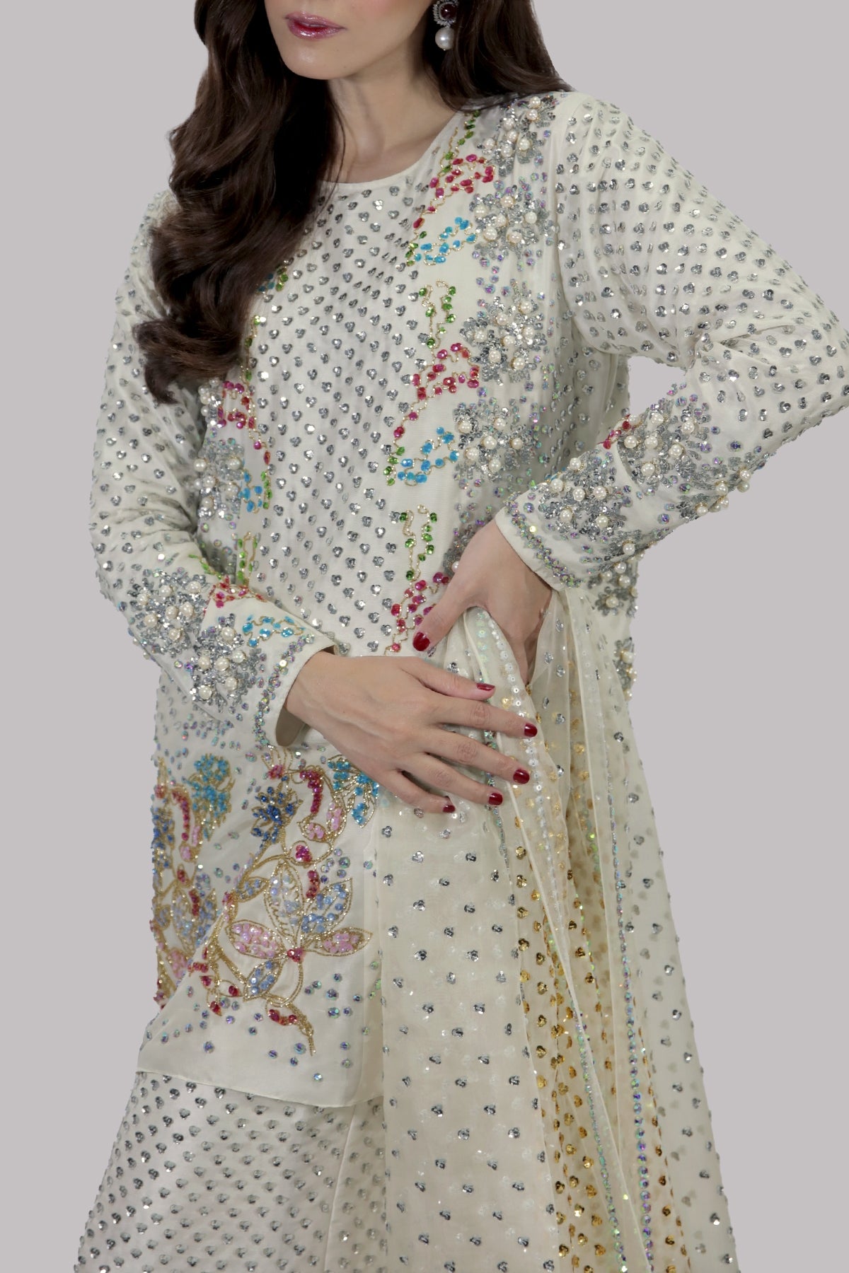 Egret Embellished Raw Silk Set