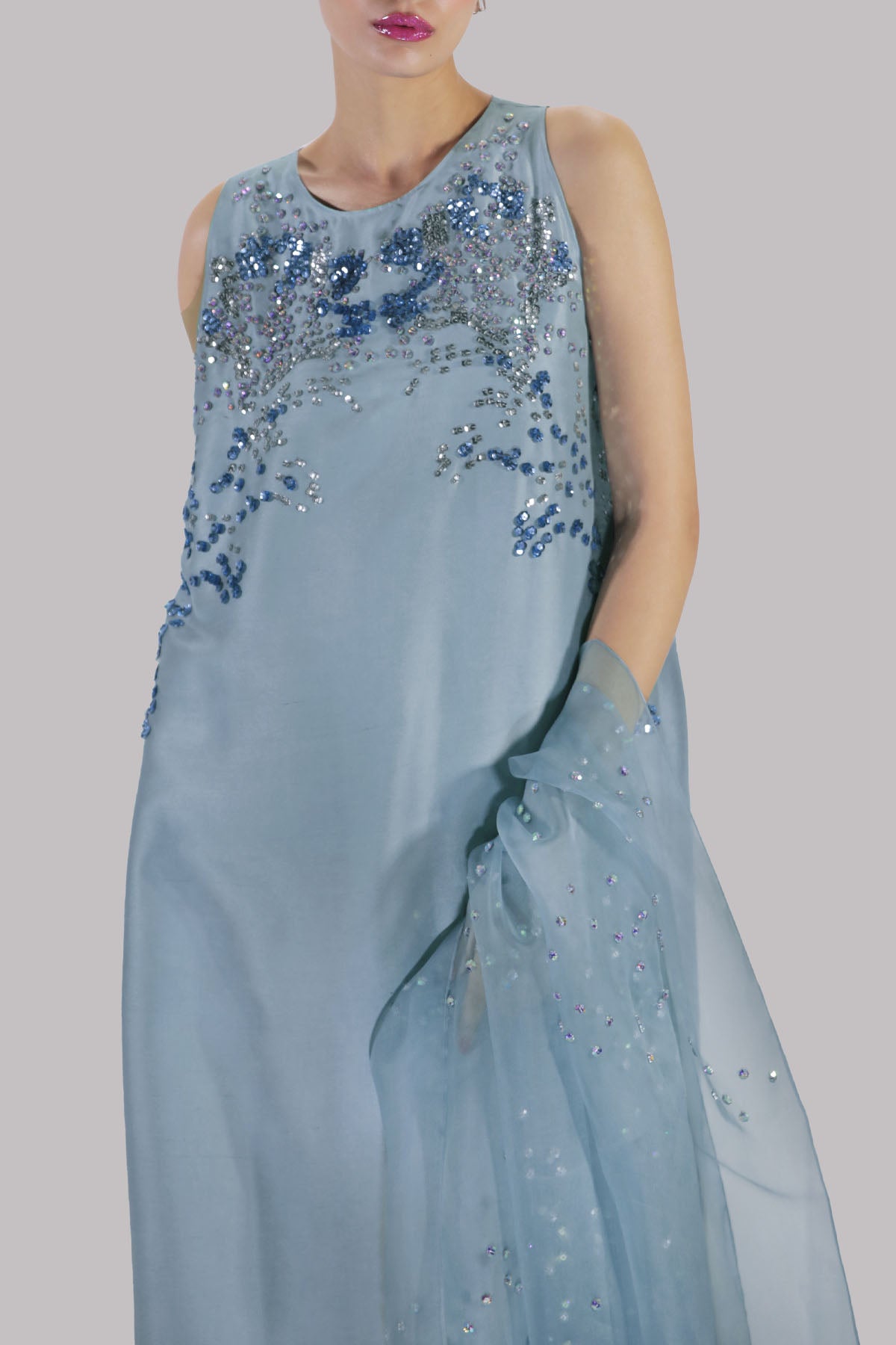 Sterling Blue Embellished Raw Silk Maxi Set