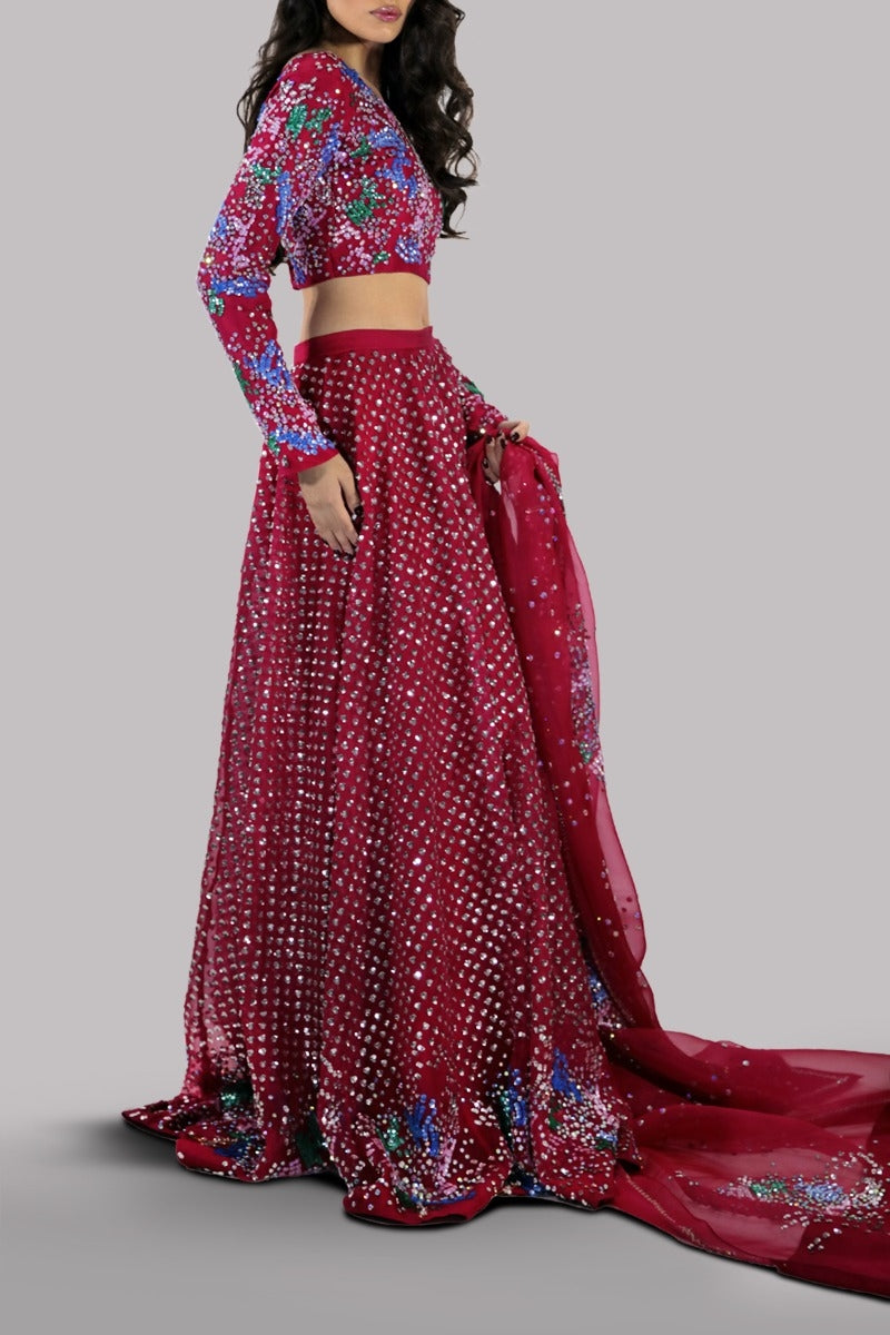 Red Bud Embellished Lehenga Choli Set