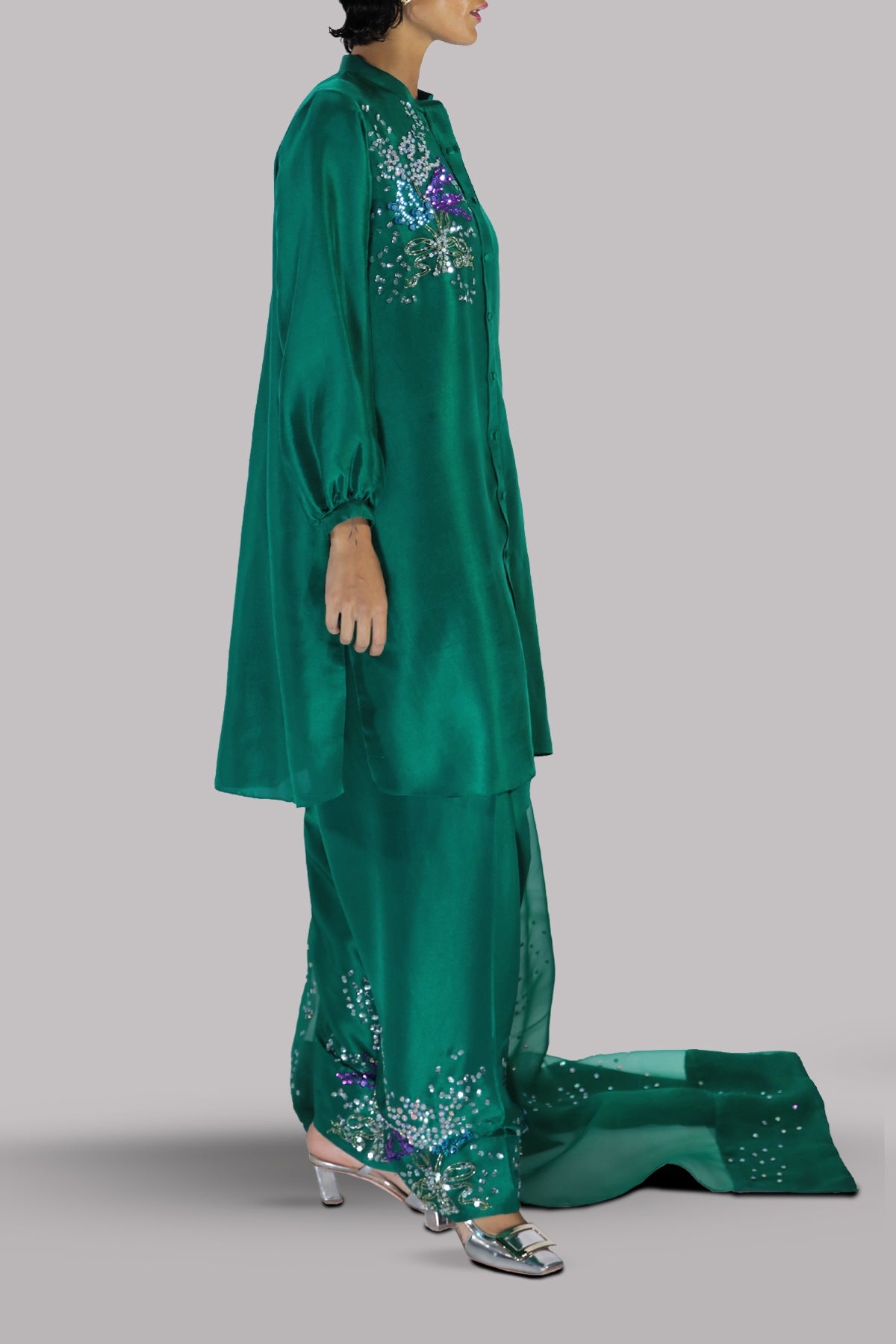 Galapagos Green Embellished Raw Silk Set