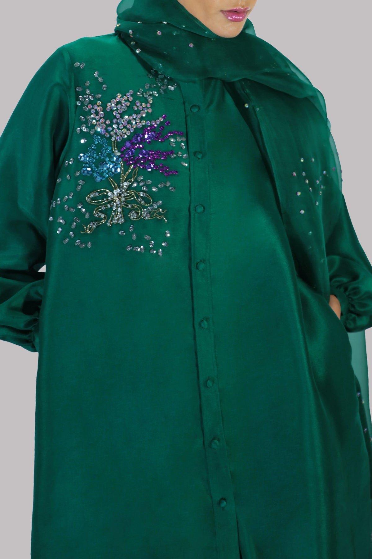 Galapagos Green Embellished Raw Silk Set