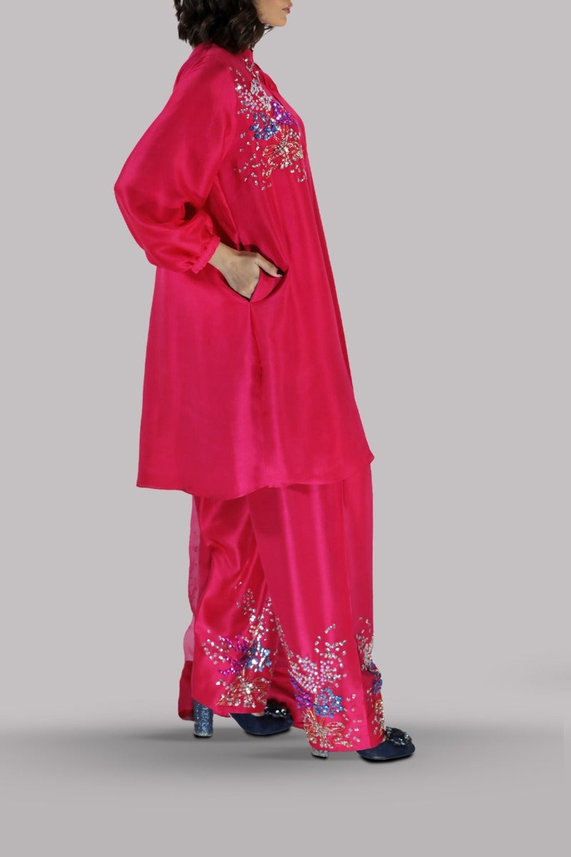 Virtual Pink Embellished Raw Silk Set